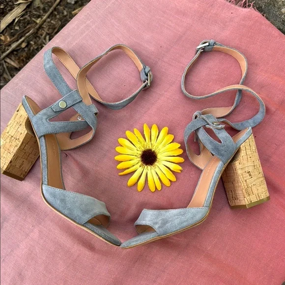 🩷 Sigerson Morrison; Paulina Slate Blue Suede Ankle Wrap Cork Sandals; Sz. 7.5! - Picture 2 of 12